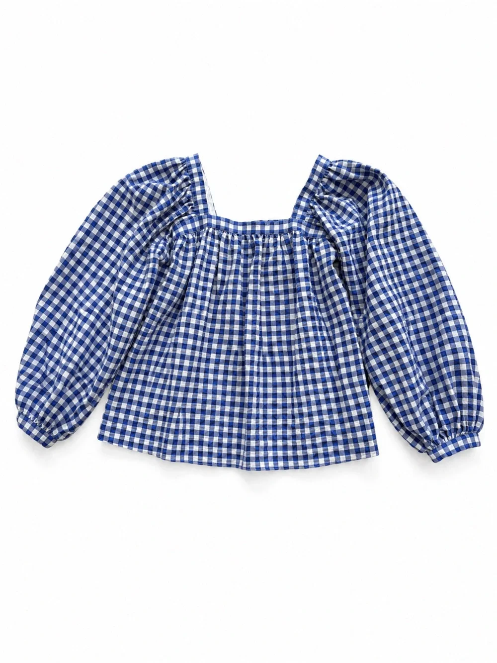 Kate Spade Blue White Gingham Square Neck Balloon Sleeve Top Size M Cottagecore